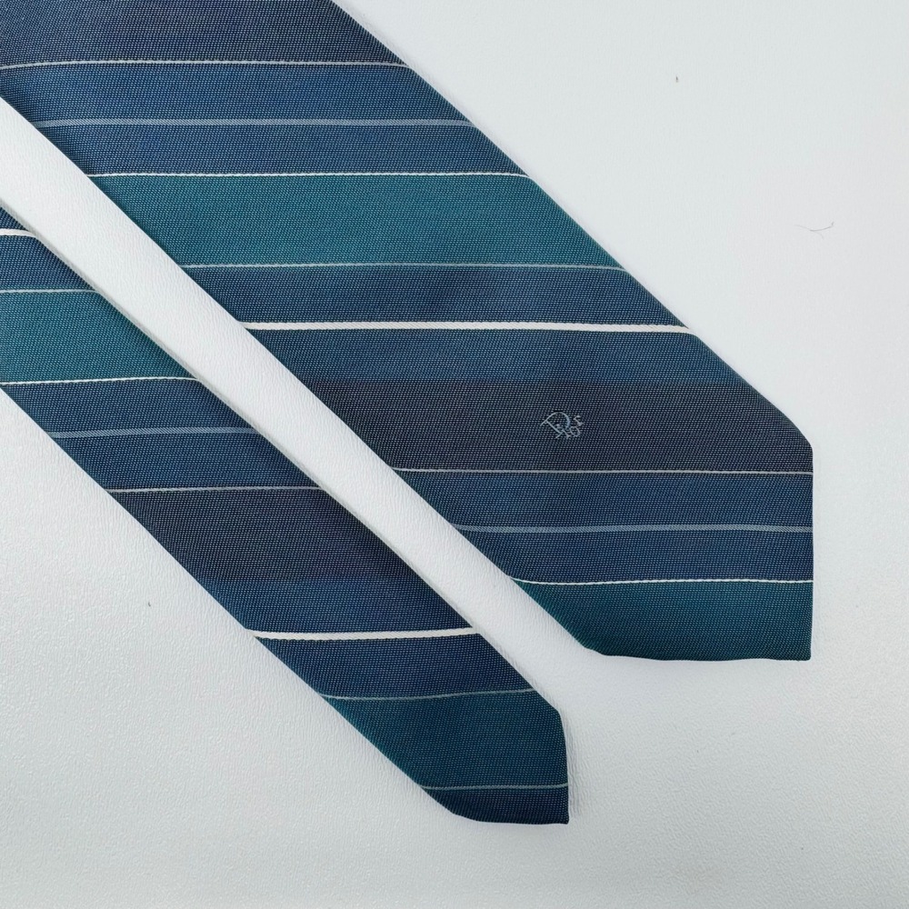 Christian Dior Mens Silk Blend Repp Striped Necktie Blue Teal Made in USA‎
